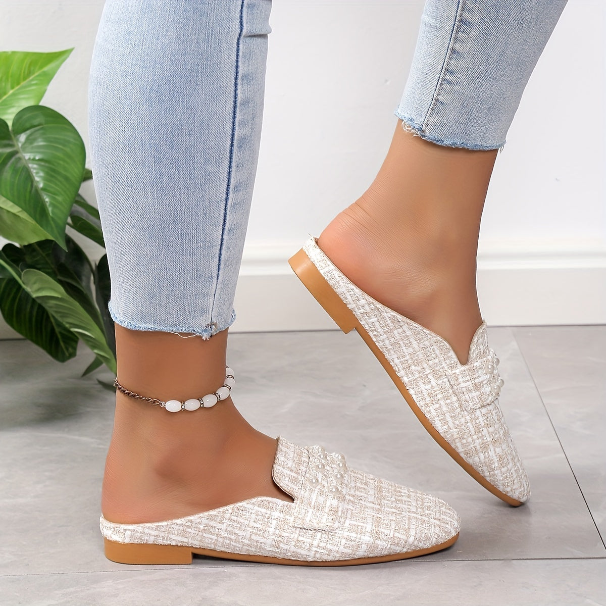 Women's Faux Pearl Decor Flat Shoes Casual Square Toe Slip On Loafers