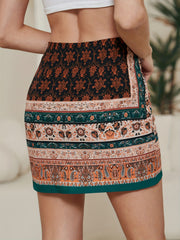 Boho Paisley Print Ruched Mini Skirt High Waist Summer Skirt