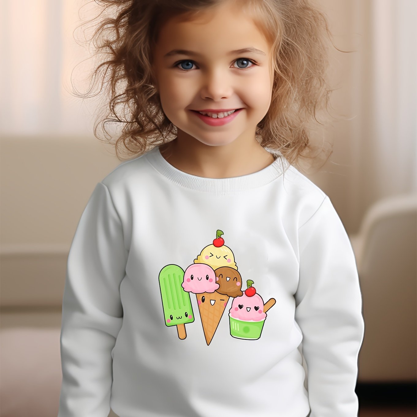 Girls Ice Creams Pattern Crew Neck Sweatshirt For Spring Fall Christmas Gift