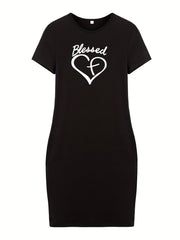 Heart Print Crew Neck Dress Short Sleeve Bodycon Dress