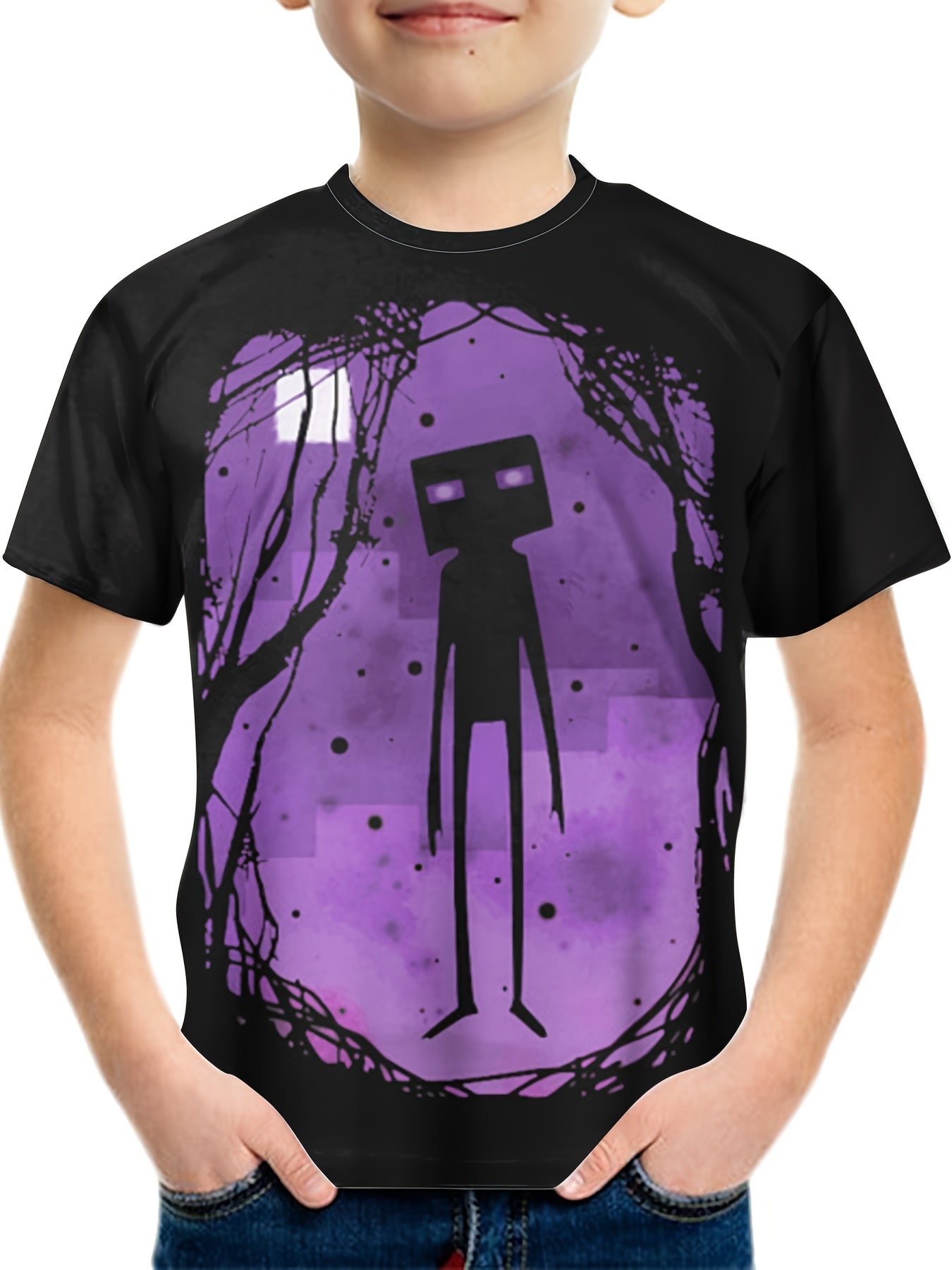 Purple Cartoon Pattern T-shirt For Kids Short Sleeve Top Casual Tee