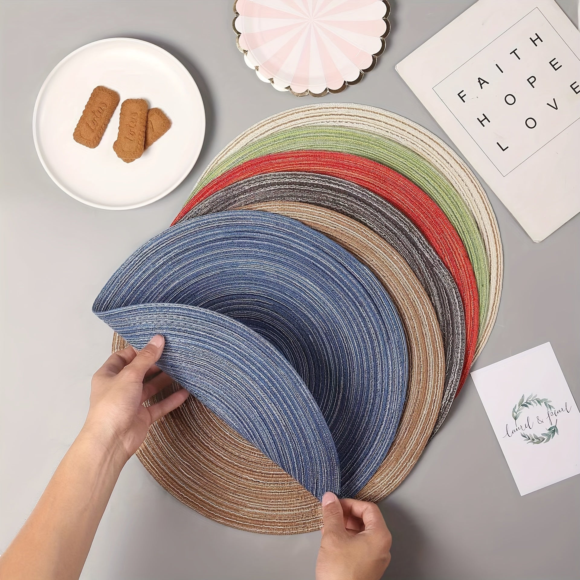 1pc Round Plastic Placemats Solid Fabric Table Mat Heat Insulat