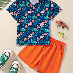 Boys Dino & Leaves Print Polo Shirt & Shorts Set