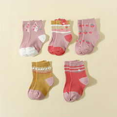 5 Pairs Kids Girls Baby Pink Cartoon Rabbit Strawberry Mid Tube Socks