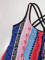 Tribal Style Tankini Set Criss Cross Straps Boxer Short Bottom Swimsuit