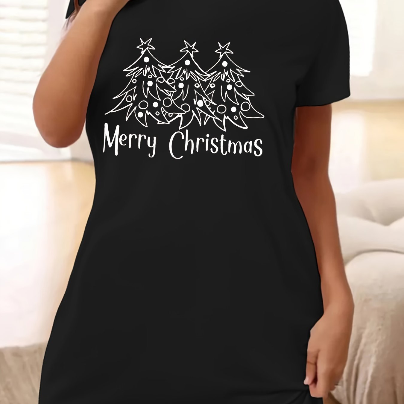 Christmas Casual Dress Women's Plus Slogan & Tree Print Tee Dress