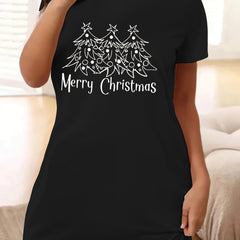 Christmas Casual Dress Women's Plus Slogan & Tree Print Tee Dress
