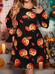 Plus Size Pumpkin & Leaf Print Long Sleeve Dress