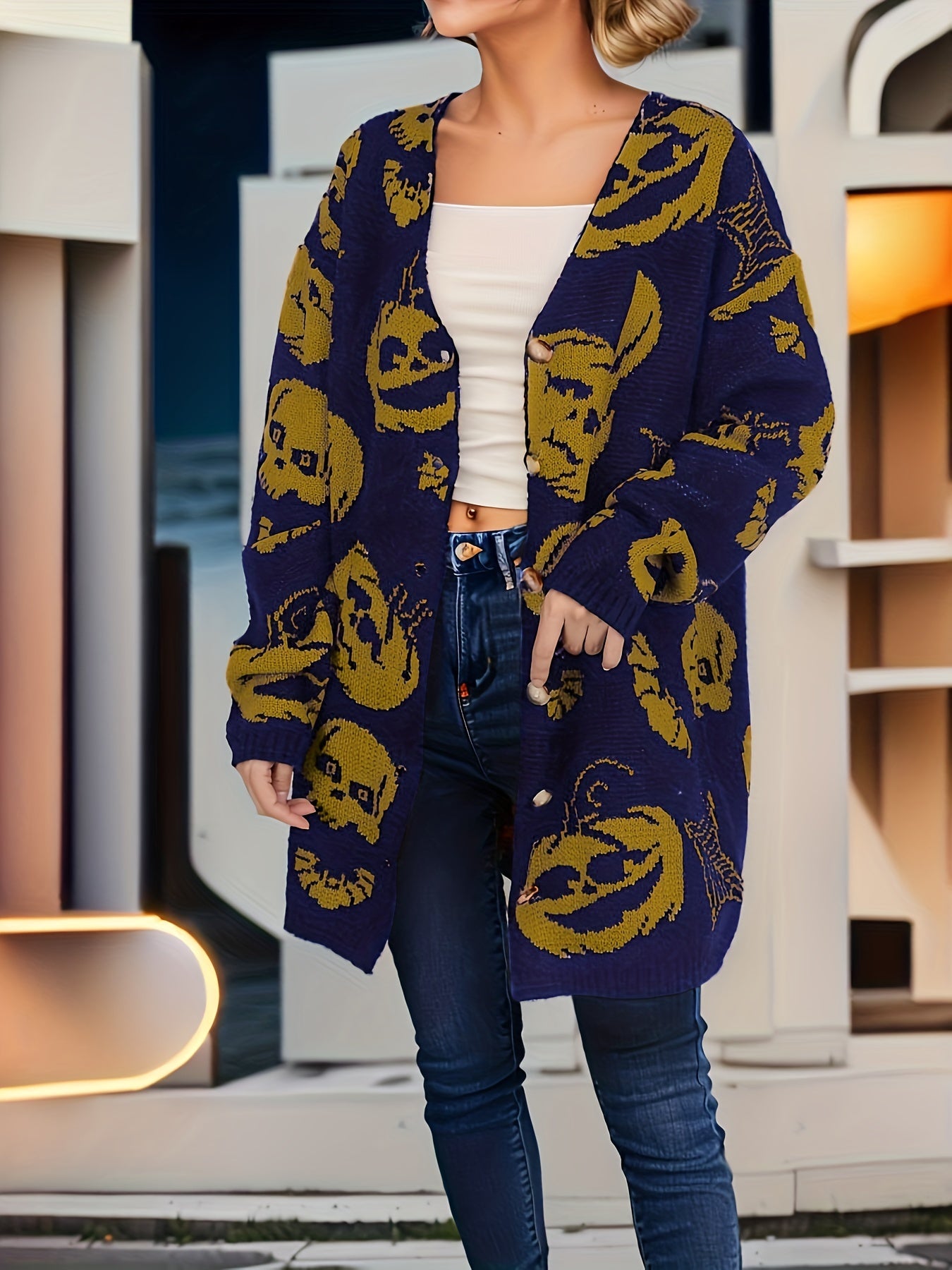Pumpkin Pattern V Neck Button Up Cardigan Sweater