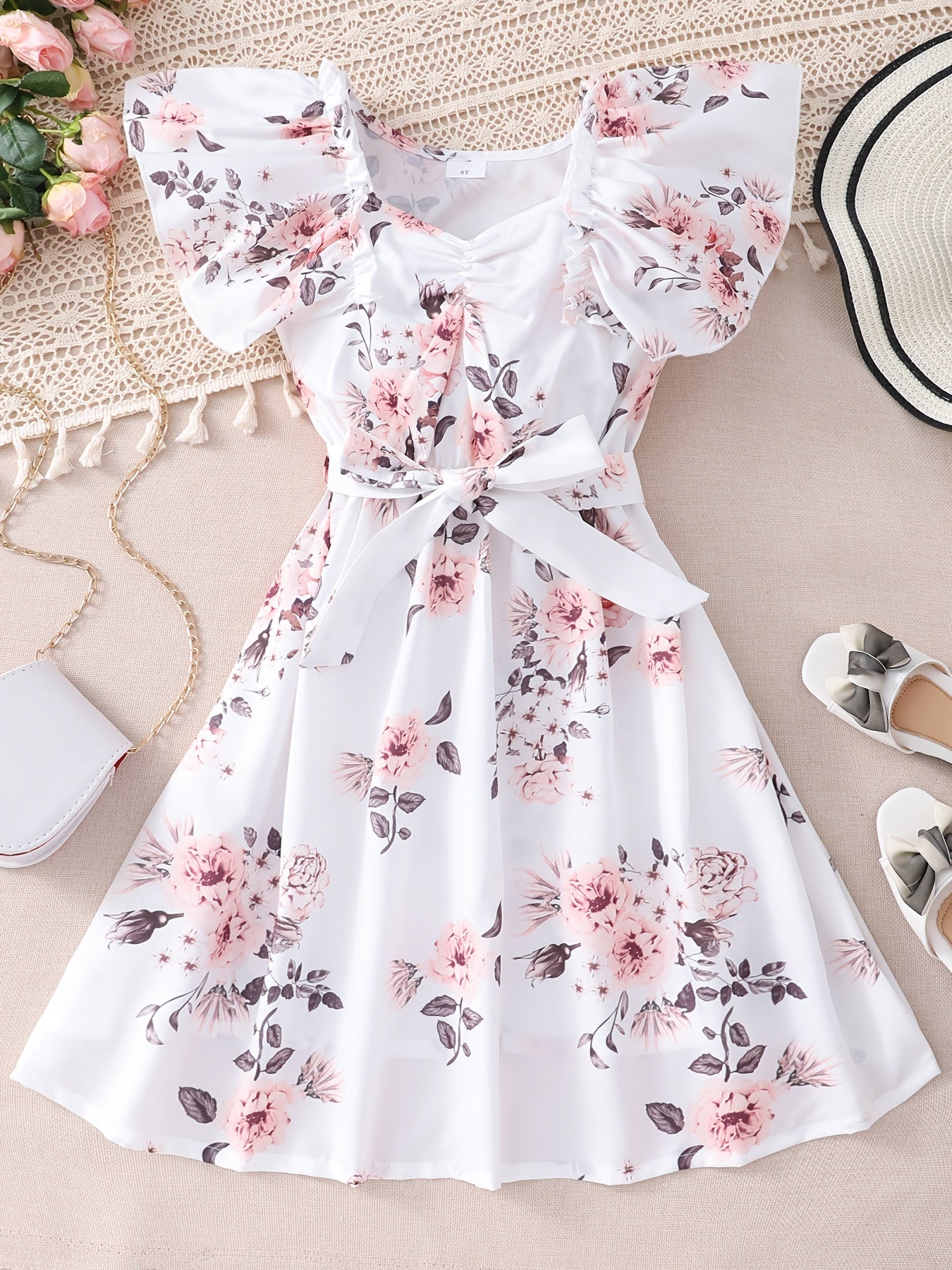 Toddler Girls Ruffle Trim Flowers Graphic Princess Belted Dress