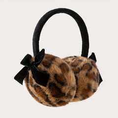 Leopard Print Plush Ear Muffs with Bow Detail - Warm & Cozy