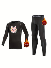 2pcs Kids Compression Fleece Sets - Cartoon Pattern Crew Neck Pullover & Elastic