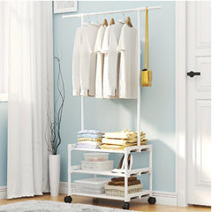 Metal Clothes Rack With 2 Layer Storage Shelf & Wheels Easy Assembly