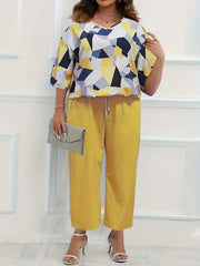 Women's Plus Geometric Print Top & Solid Pants Two Piece Set