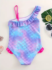 Mermaid Tie Dye Ruffled Swimsuit for Girls - One Shoulder One Piece