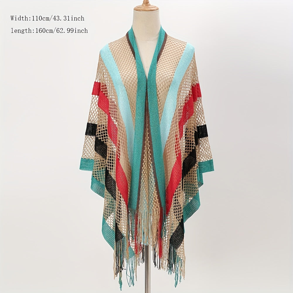 Boho Hollow Out Knitted Shawl Rainbow Striped Tassel Wrap Cover Up