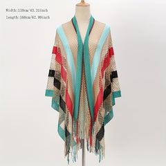 Boho Hollow Out Knitted Shawl Rainbow Striped Tassel Wrap Cover Up