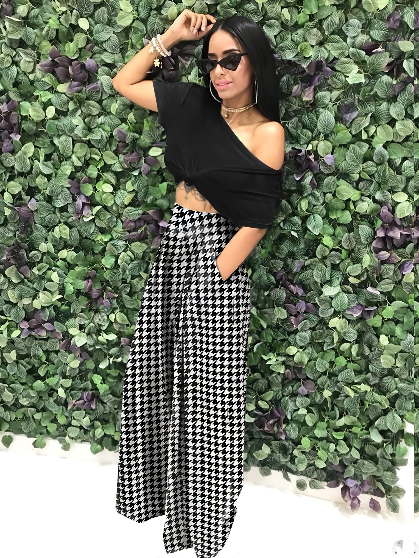 Houndstooth Wide Leg Pants High Waist Casual Pants With Pockets
