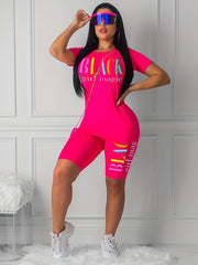 Letter Print Casual T shirt & High Waist Shorts Set
