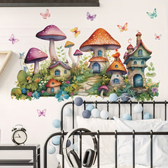 2pcs Mushroom Wall Decal Green Leaves Butterflies Flowers Mushroom House