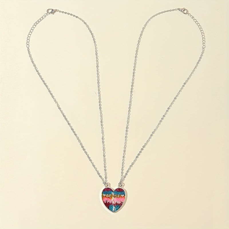 2pcs Girls Rainbow Glitter Heart Pendant Necklace Set