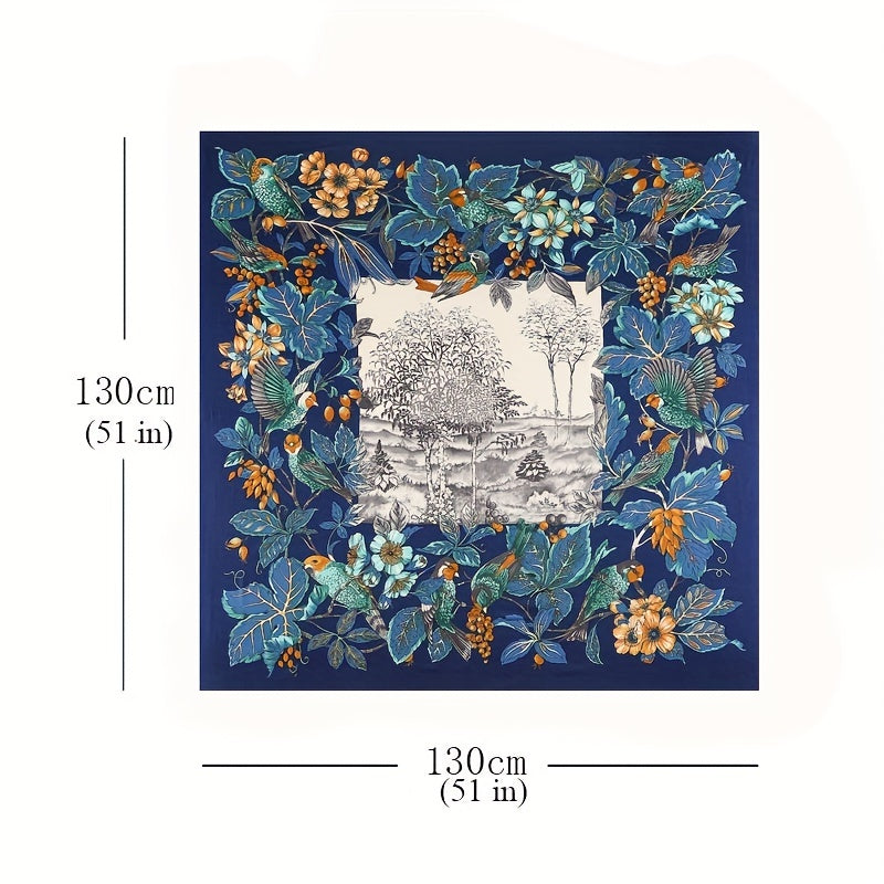 Satin Square Scarf Bird Flower Printed Sunscreen Large Shawl