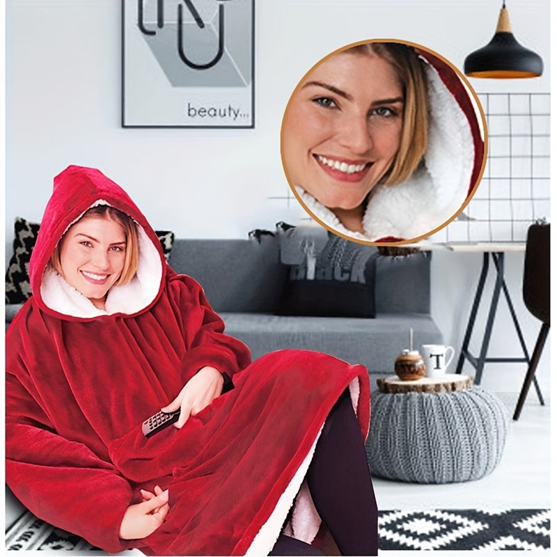 Thickened Hooded Flannel Blanket With Arm Sleeve Coldproof Wearable Blanket
