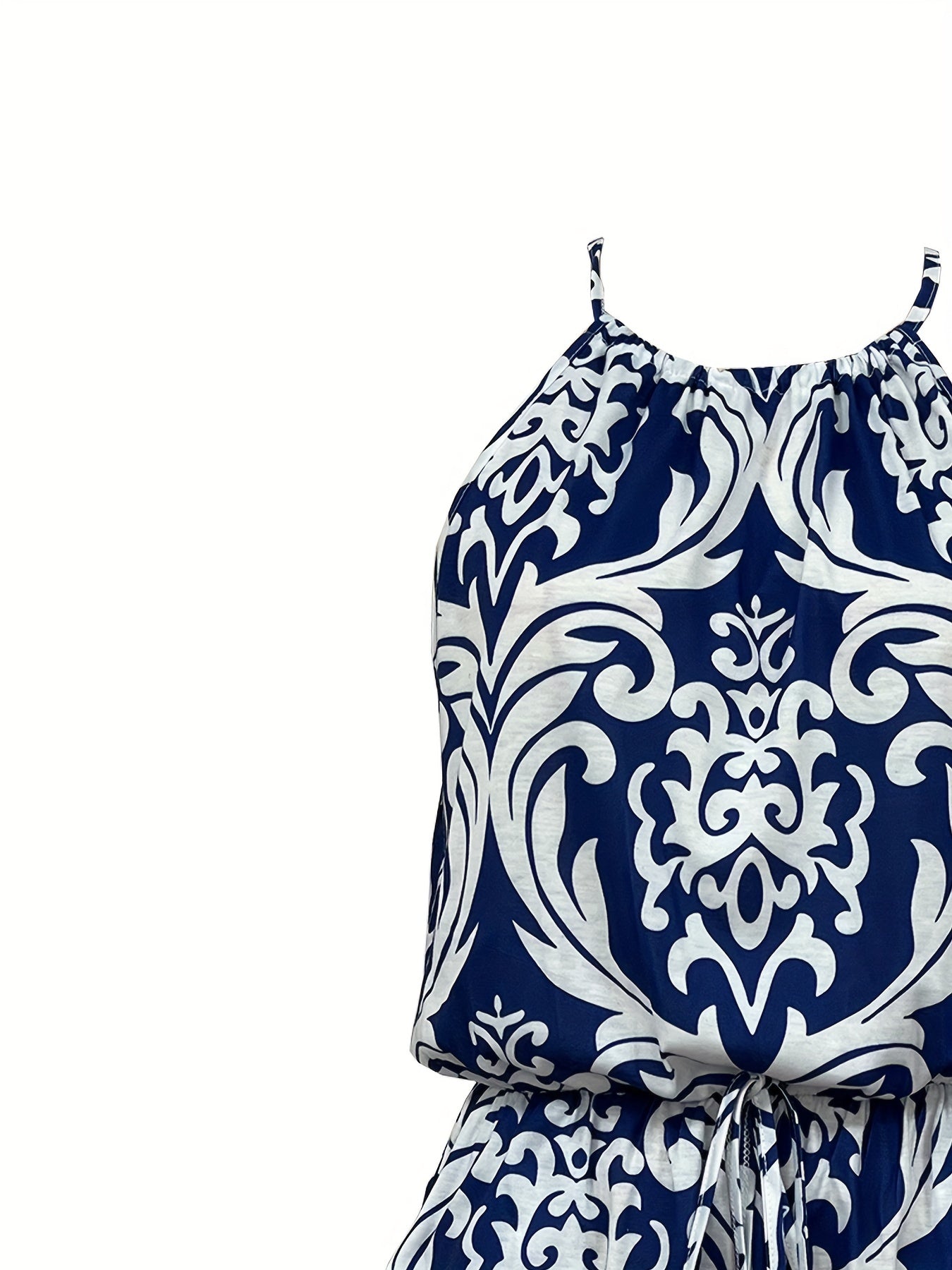 Baroque Floral Print Romper Crew Neck Sleeveless Tie Back Romper