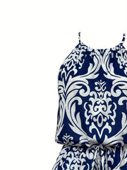 Baroque Floral Print Romper Crew Neck Sleeveless Tie Back Romper