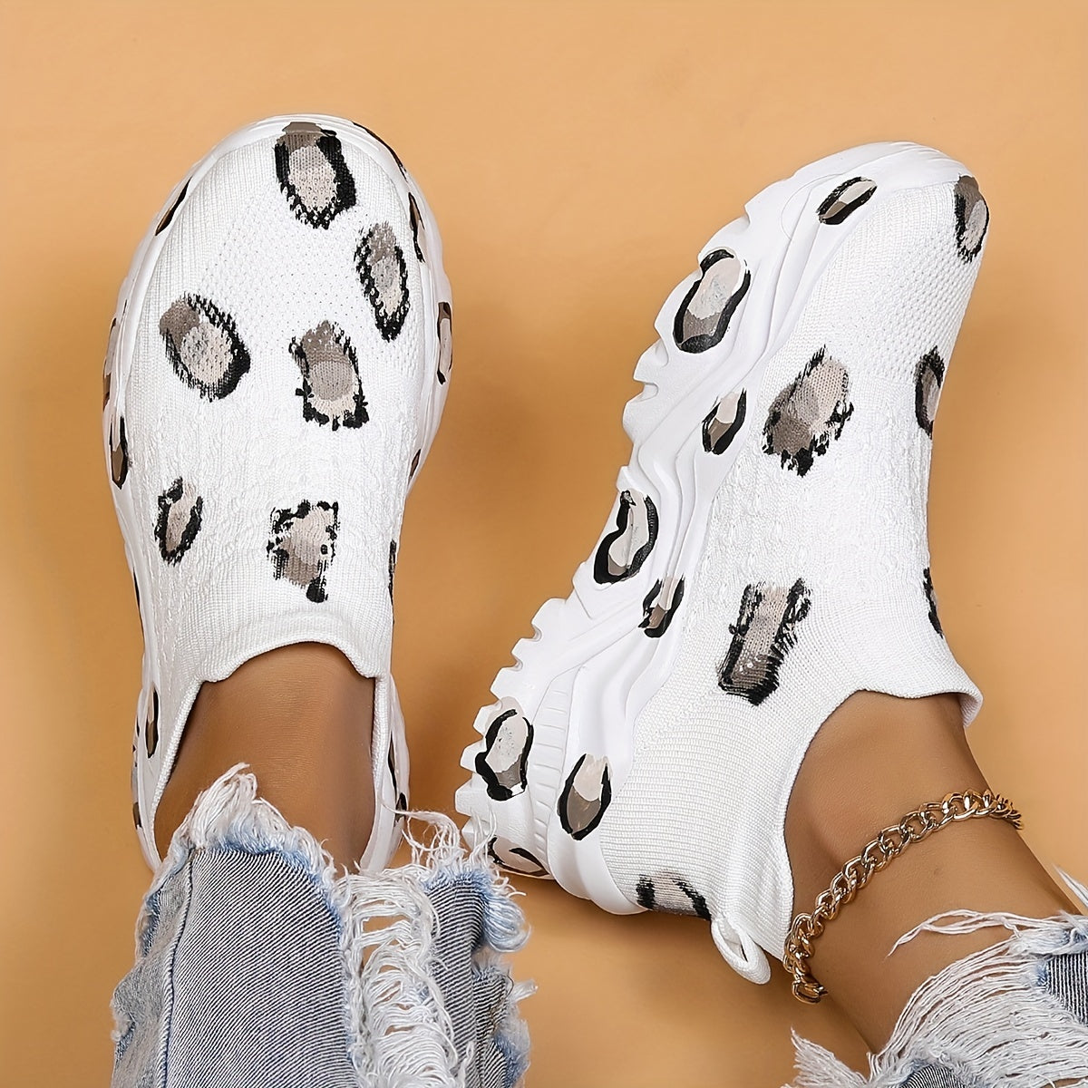 Leopard Print Platform Sneakers Slip On Breathable Running Shoes