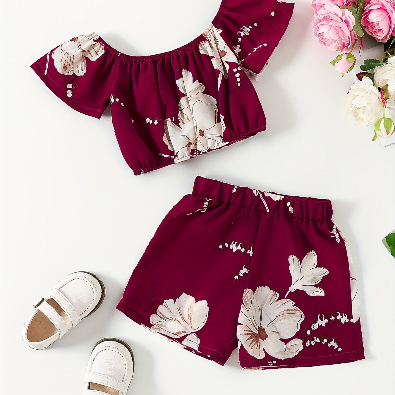 Girls Flower Graphic Off Shoulder Top & Shorts Set For Summer