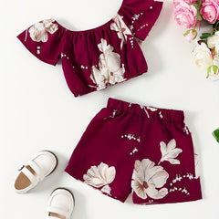 Girls Flower Graphic Off Shoulder Top & Shorts Set For Summer