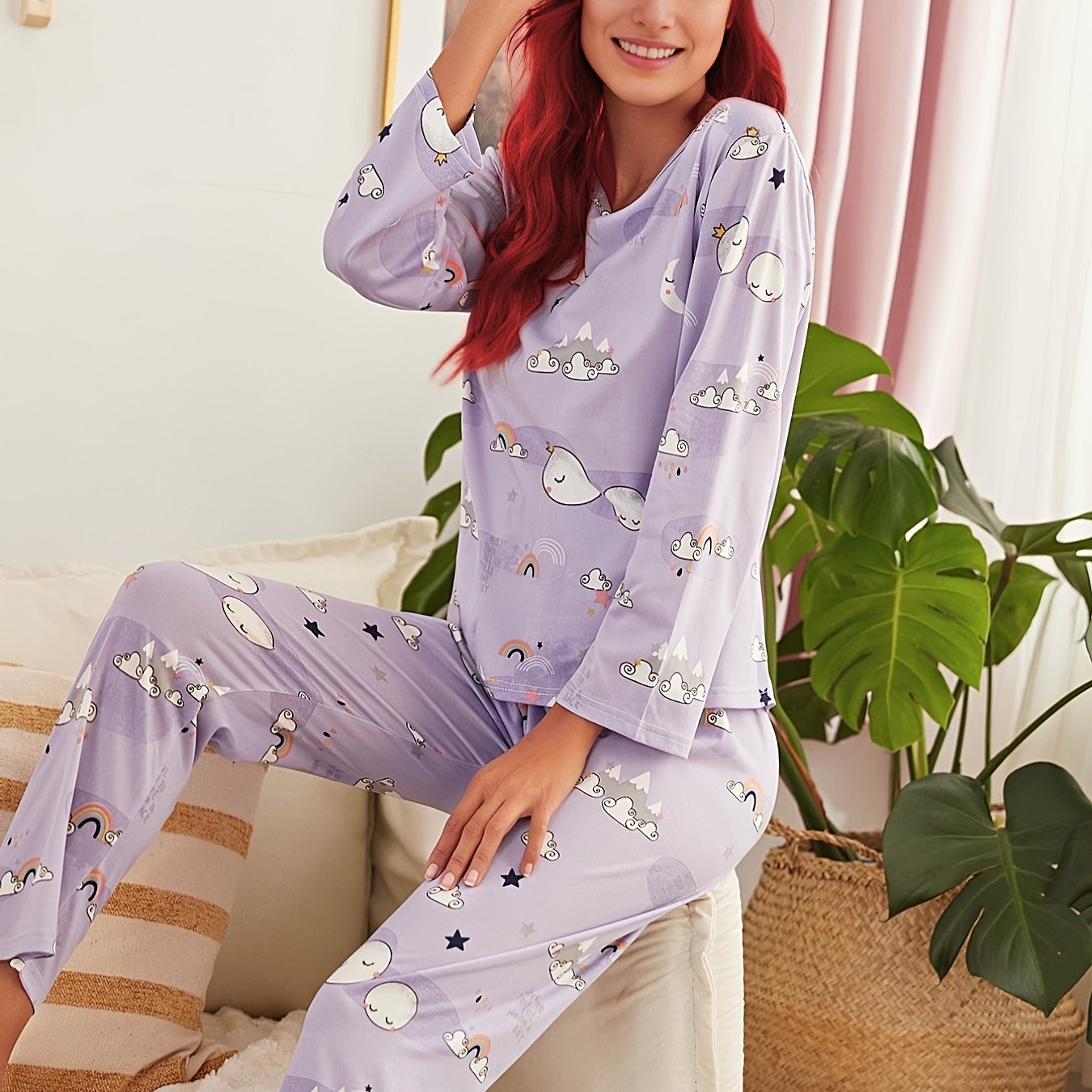 Cartoon Print Pajamas Set Long Sleeve Top & Pants Women's Sleepwear