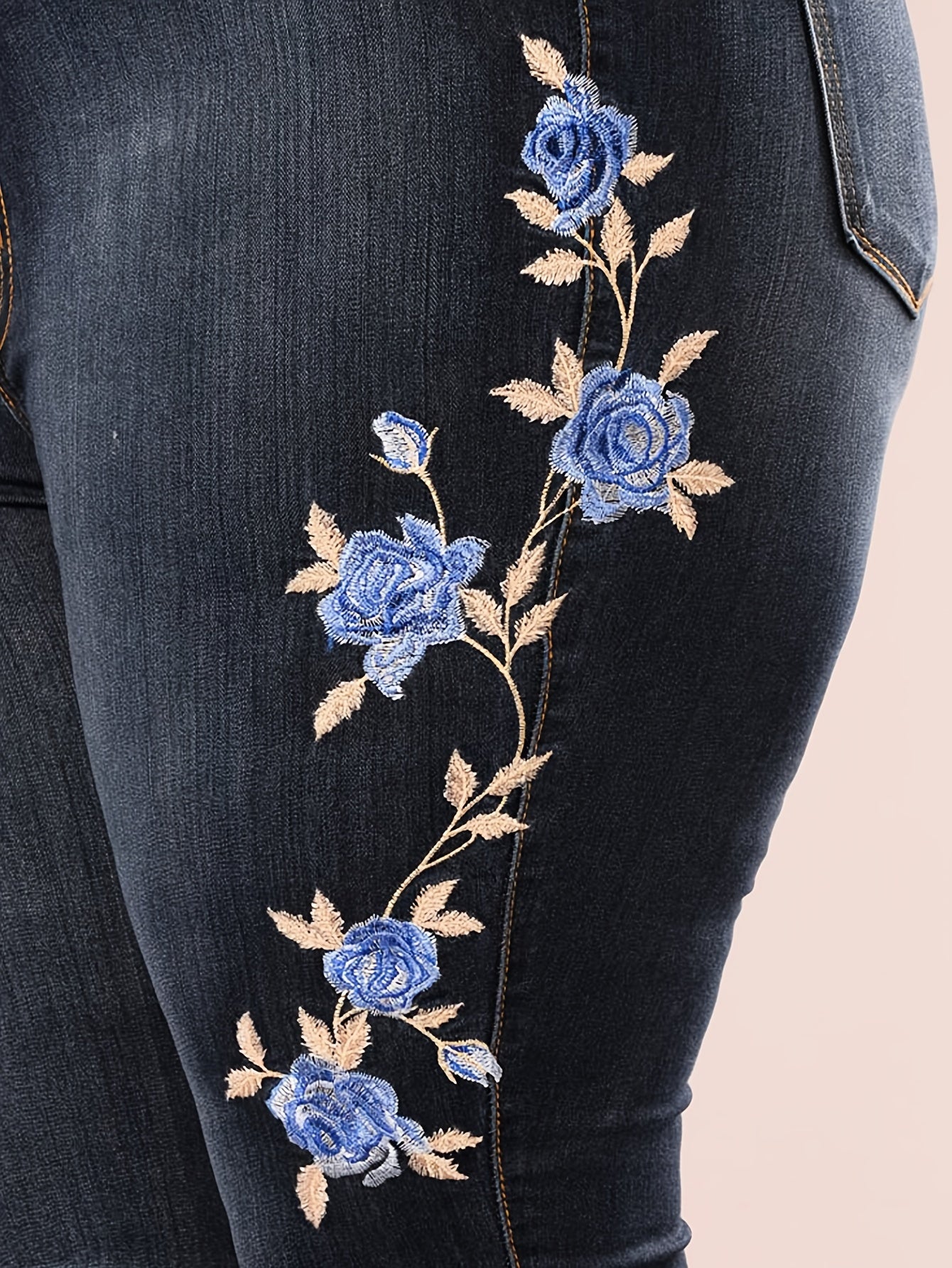 Floral Embroidery Skinny Jeans Zipper Button Medium Stretch Denim Pants