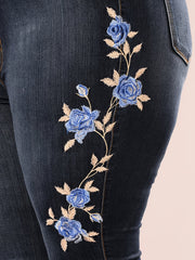 Floral Embroidery Skinny Jeans Zipper Button Medium Stretch Denim Pants