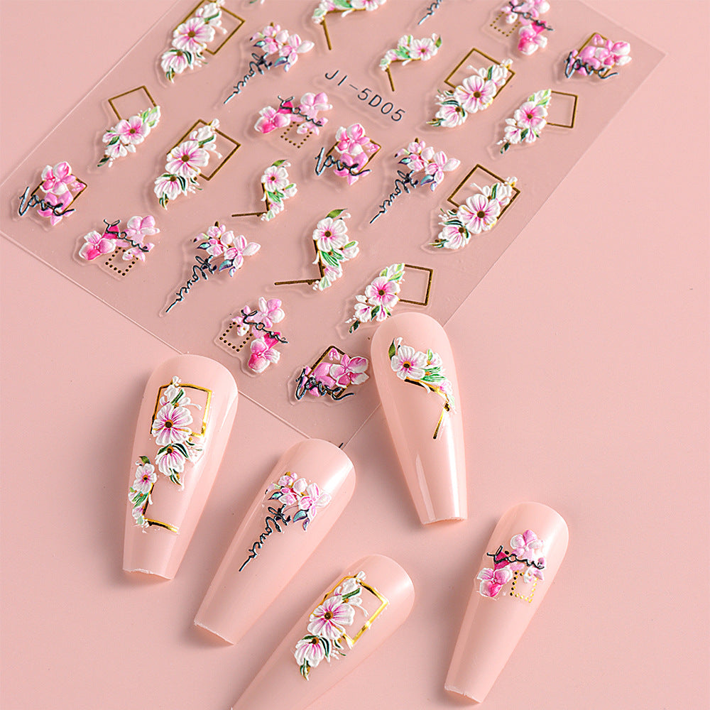 5D Flower Nail Stickers Embossed Stereoscopic Nail Decals Self-adhesive Decals