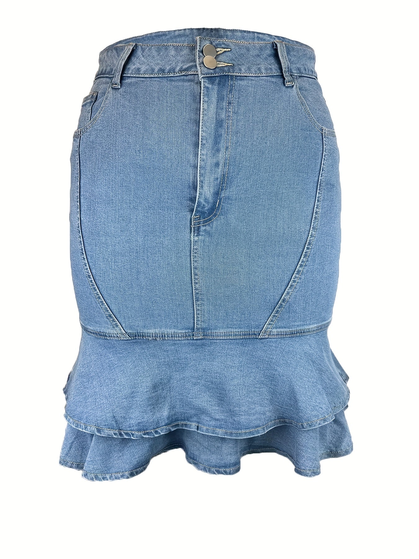 Casual Denim Skirt Button Fly Ruffle Trim High Rise Midi Denim Skirt