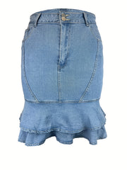 Casual Denim Skirt Button Fly Ruffle Trim High Rise Midi Denim Skirt