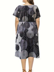 Polka Dot Print Round Neck Dress With Pockets