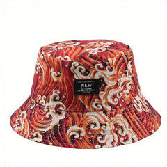 Wave Print Reversible Bucket Hat with Letter Embroidery