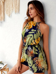 Tropical Print Sleeveless Romper Vacation Drawstring Summer Romper