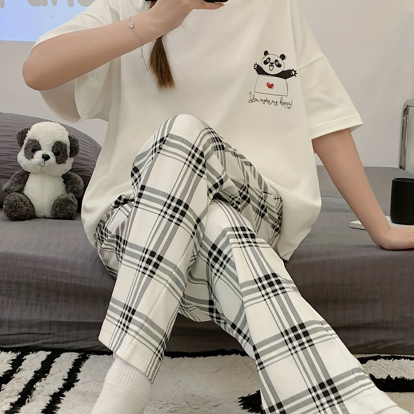 Panda Print Pajama Set Short Sleeve Top & Plaid Pants