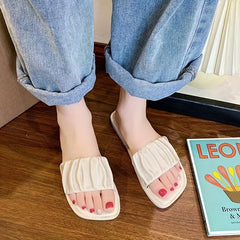 Women's Ruched Band Flat Slides Square Open Toe Sandals
