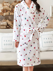 Heart Print Fuzzy Night Robe Long Sleeve Robe Women's Sleepwear