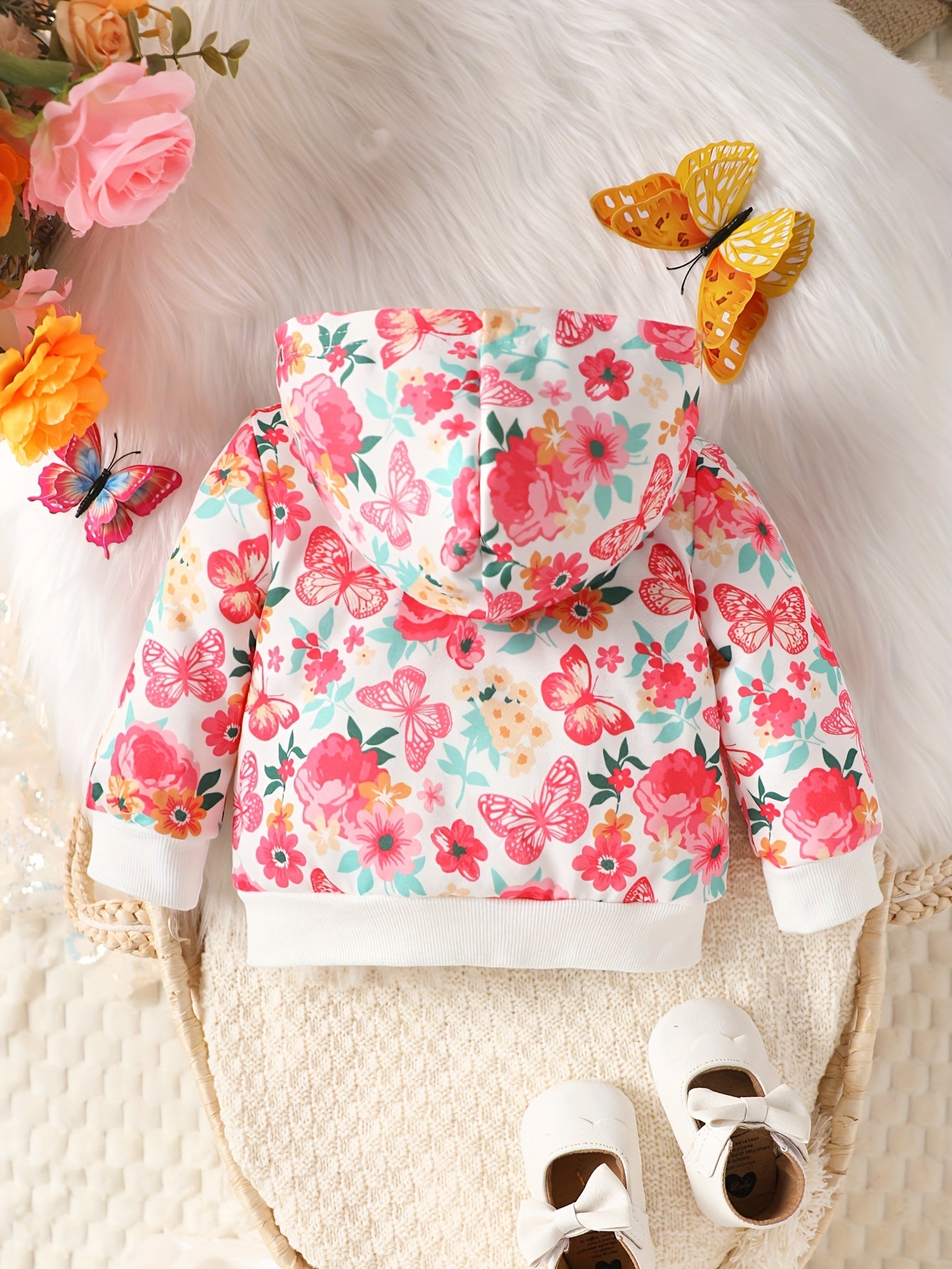 Flower & Butterfly Print Hooded Jacket for Baby Girls