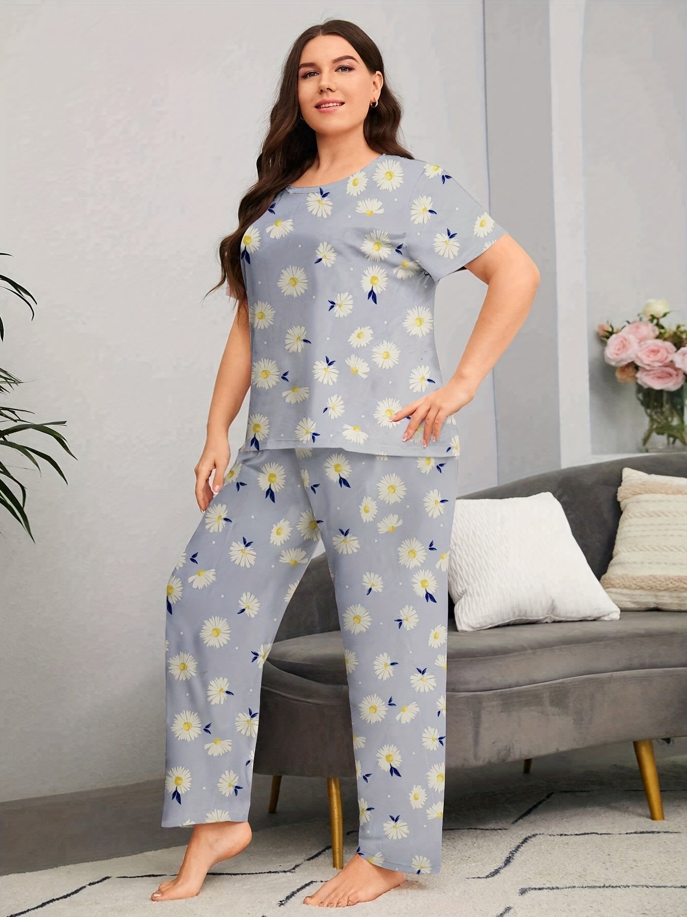 Floral Print Short Sleeve Top & Pants Pajama Set