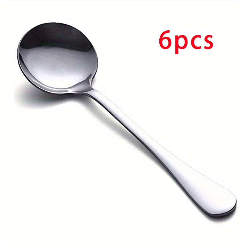 6pcs Soup Spoon Stainless Steel Large Round Spoon Heavy Duty Tableware