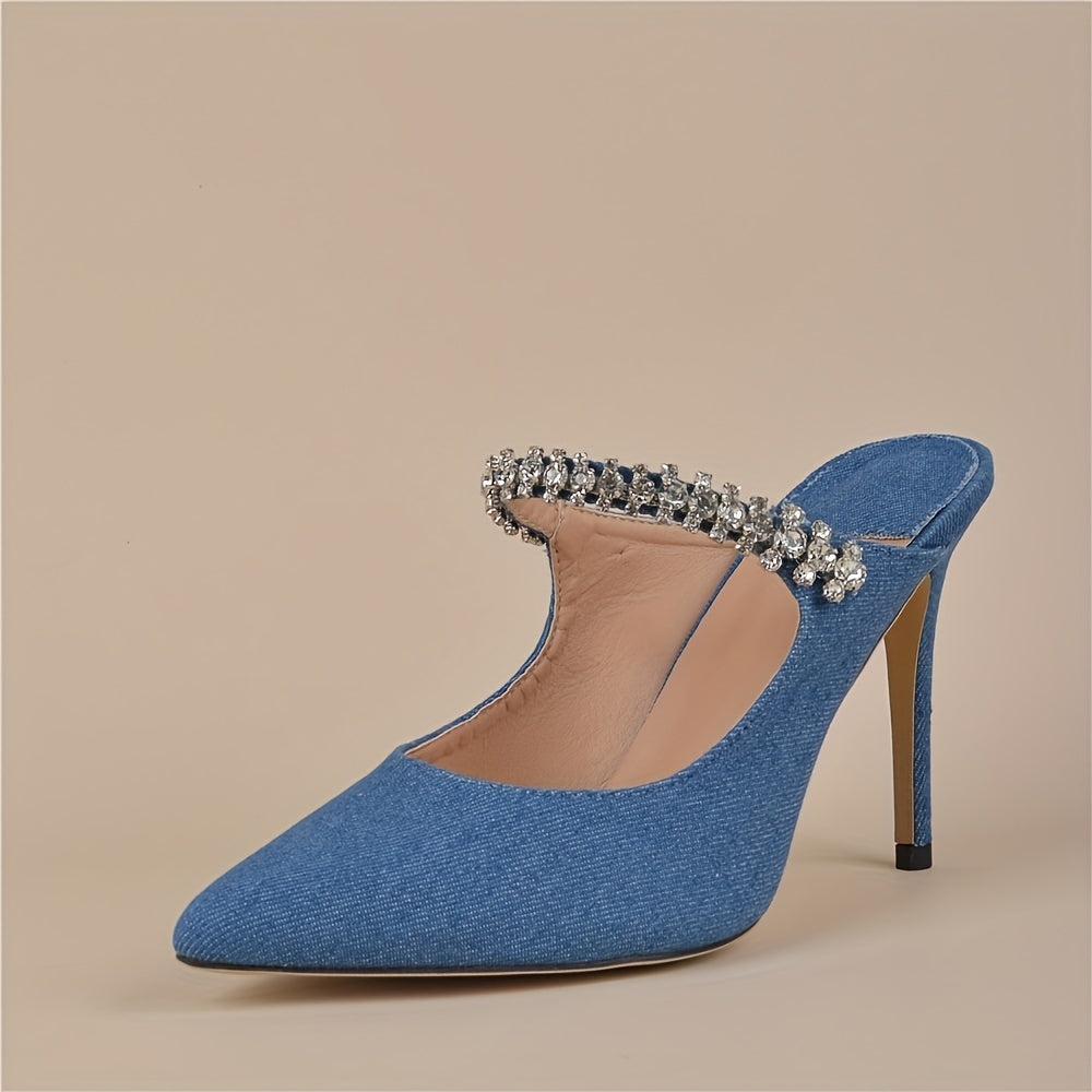 Denim Slingback High Heels Rhinestone Strap Slip On Stiletto Heels