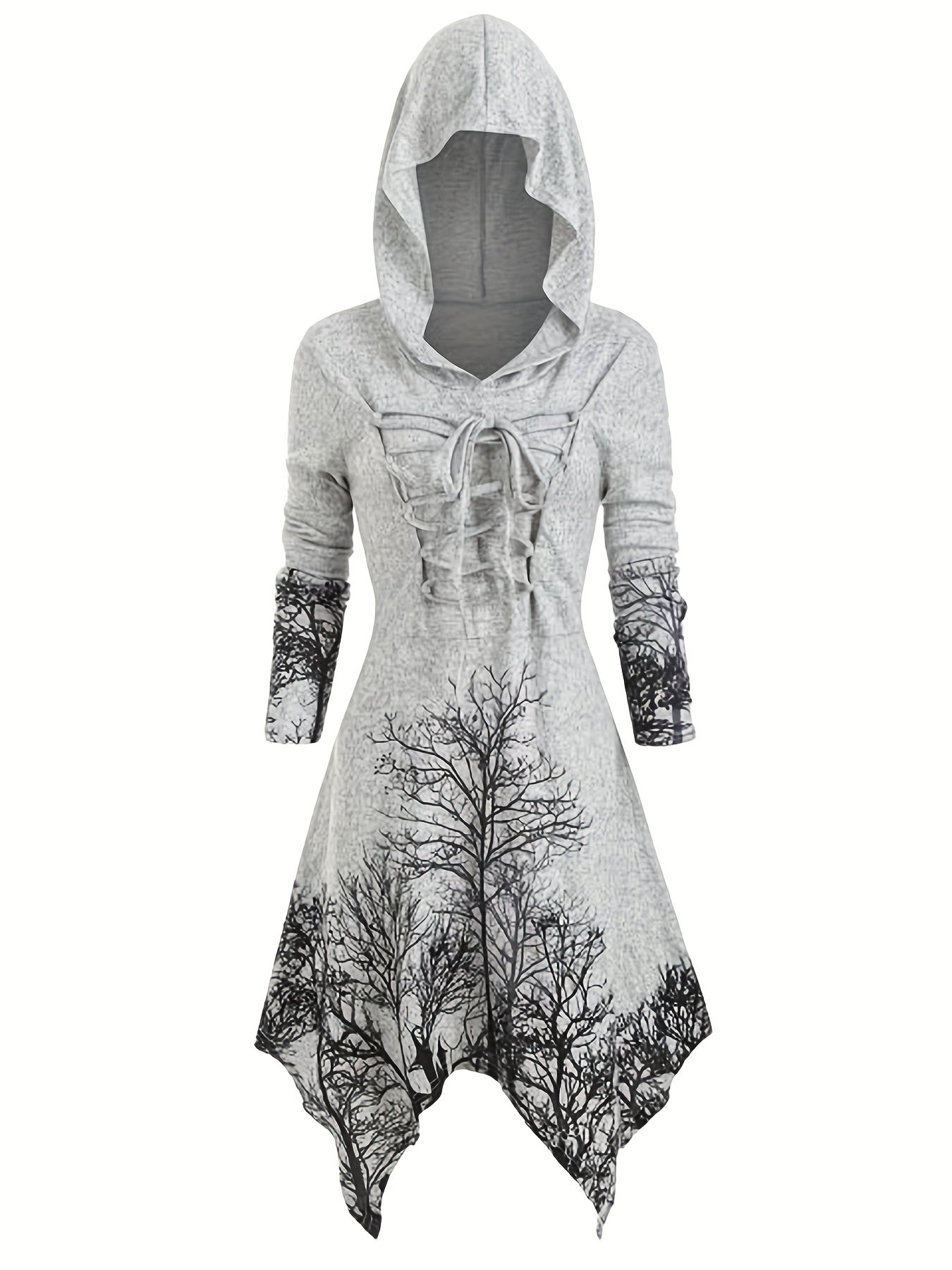 Tree Print Drawstring Hooded Dress Casual Long Sleeve Dress For Spring & Fall