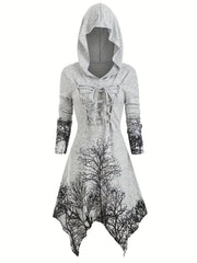 Tree Print Drawstring Hooded Dress Casual Long Sleeve Dress For Spring & Fall